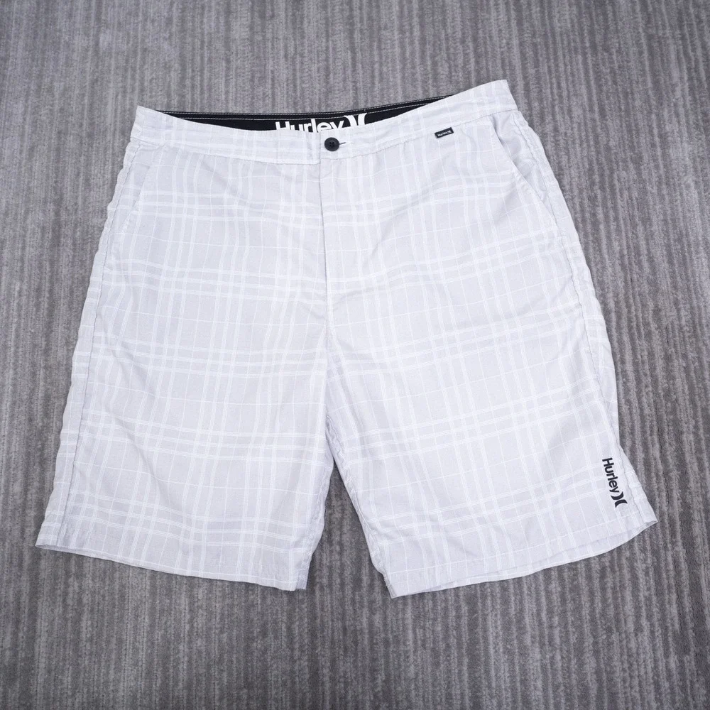 Hurley Mens Grey White Plaid Board Shorts Swim Trunks Size 34 Fit 35x9